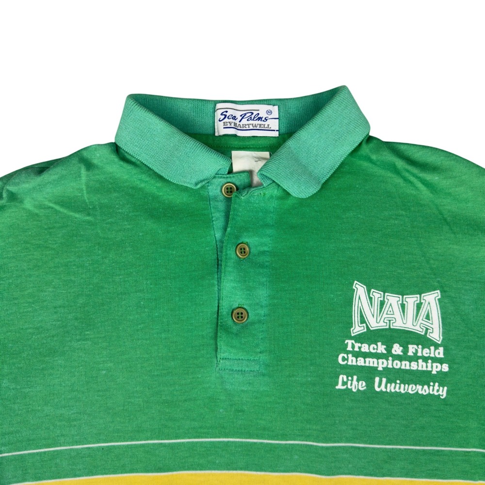 Vtg 80s Track & Field Life University Polo Shirt Men's M NAIA Green Yellow White - Picture 3 of 8